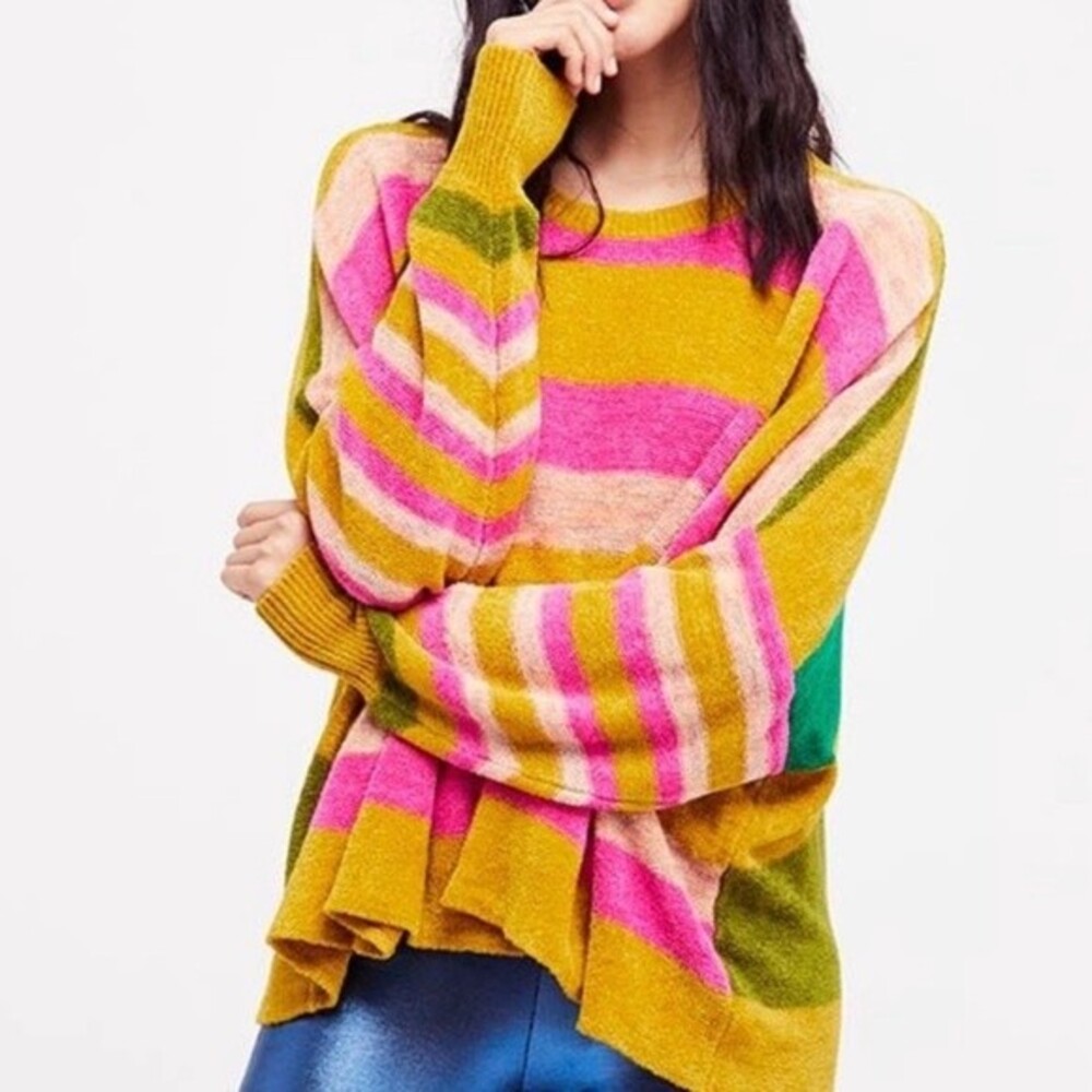 Free People All About You Stripe Chenille Sweater in Multi L NWOT